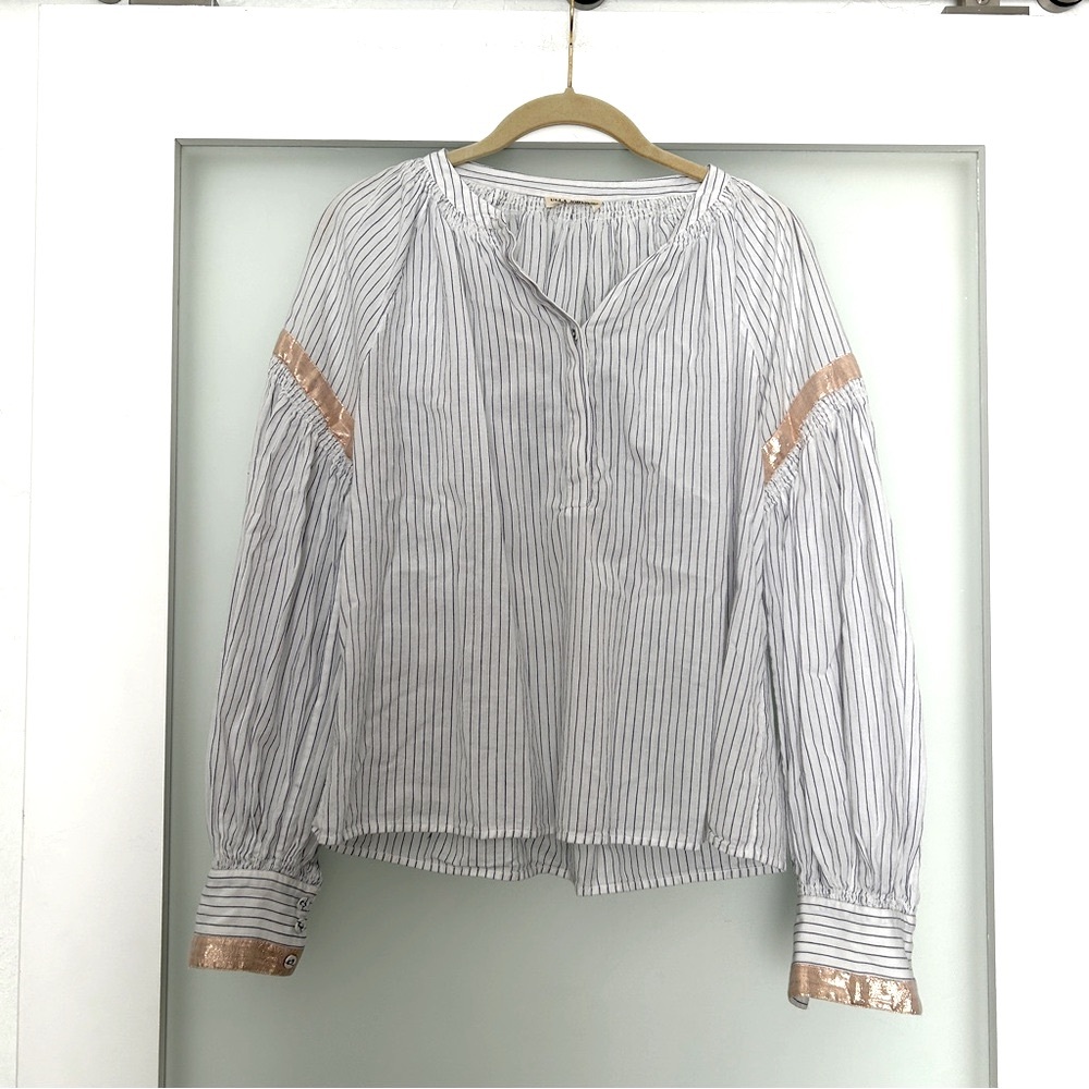 Ulla Johnson Kora Shimmer Lace Striped Blouse Top Smocked white blue 0